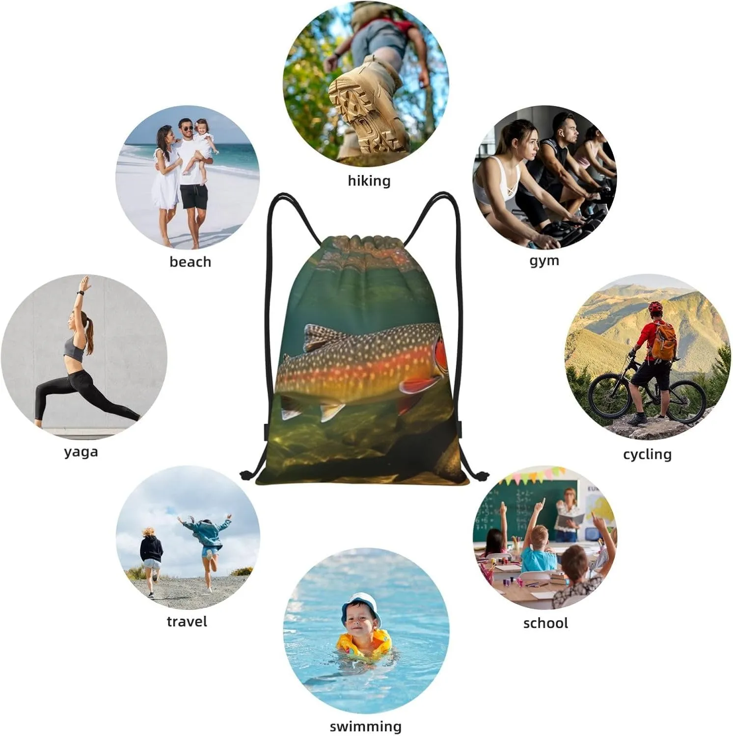 Brook Trout Fly Fishing Print Drawstring Bags Casual Backpack Foldable Draw String Bag Gym Bag for Women Men