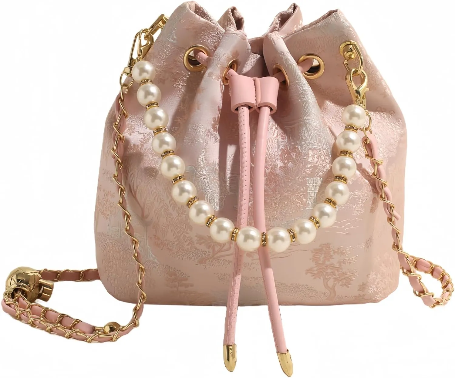 Bucket Bag for Women, Small Pearl Drawstring Handbags, Hobo Purse