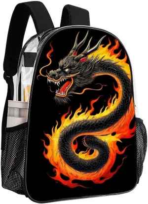 Burning Flaming Fire Chinese Dragon Rucksacks Lightweight Multipurpose Anti-Theft Shoulder Bag Big Capacity Laptop Book Bag Rucksack Transparent Bag