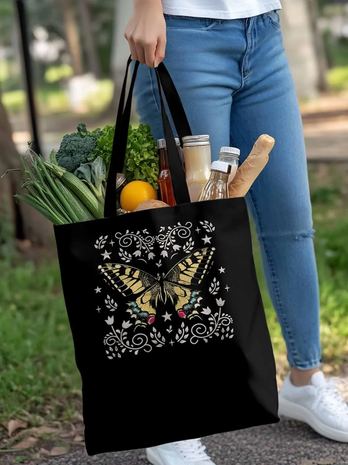 Butterfly Boho Flower Bohemia Floral Canvas Tote Bag, Aesthetic Canvas Tote Handbags for Women Shoulder Bag