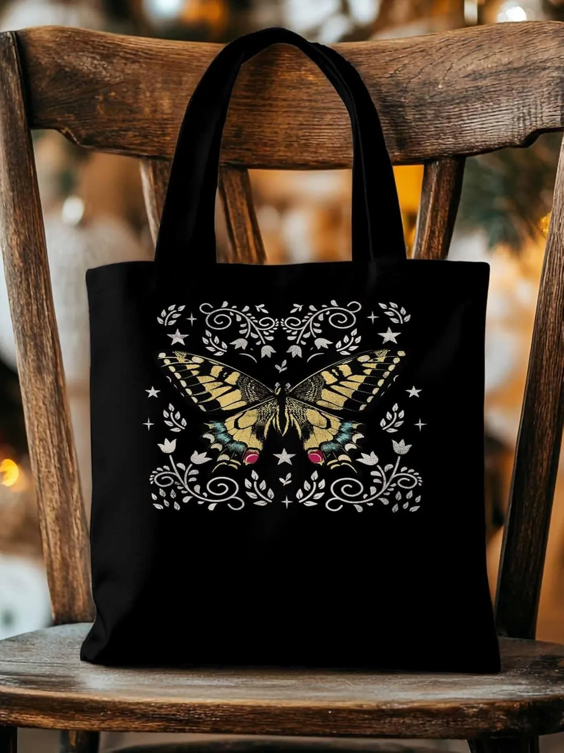 Butterfly Boho Flower Bohemia Floral Canvas Tote Bag, Aesthetic Canvas Tote Handbags for Women Shoulder Bag