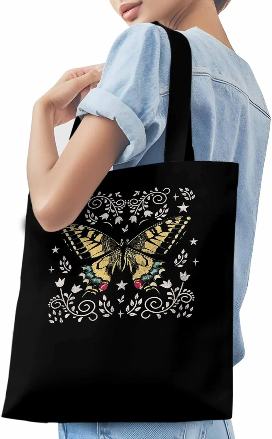Butterfly Boho Flower Bohemia Floral Canvas Tote Bag, Aesthetic Canvas Tote Handbags for Women Shoulder Bag
