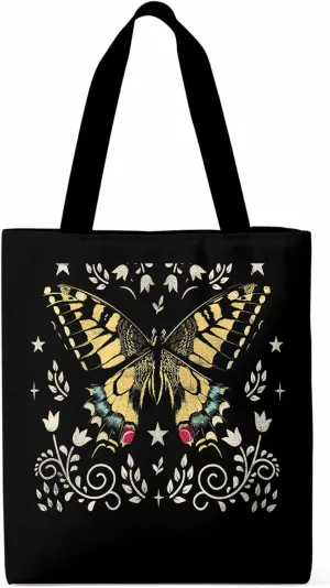 Butterfly Boho Flower Bohemia Floral Canvas Tote Bag, Aesthetic Canvas Tote Handbags for Women Shoulder Bag