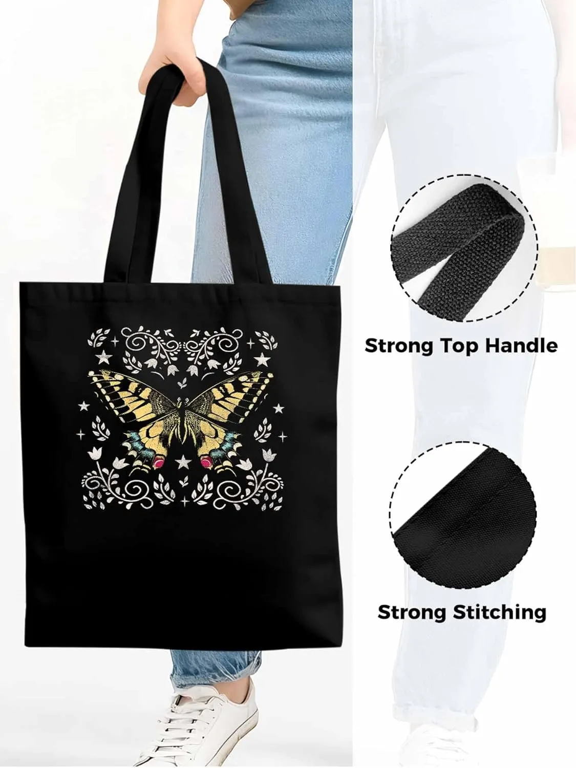 Butterfly Boho Flower Bohemia Floral Canvas Tote Bag, Aesthetic Canvas Tote Handbags for Women Shoulder Bag