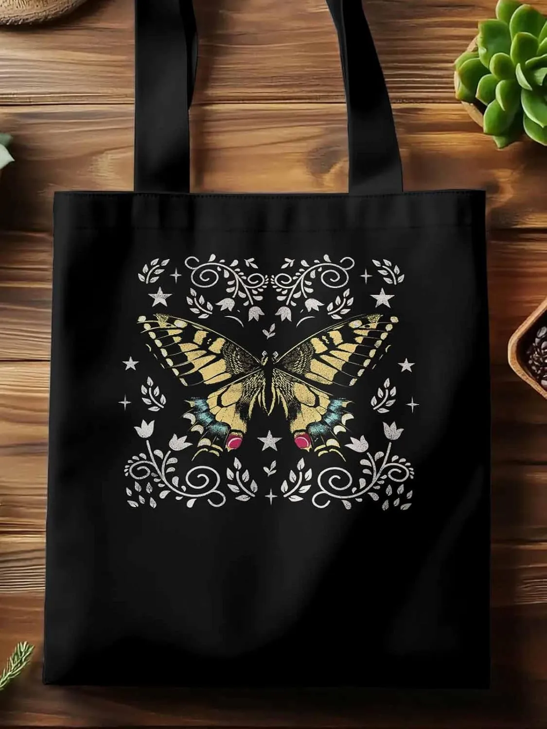 Butterfly Boho Flower Bohemia Floral Canvas Tote Bag, Aesthetic Canvas Tote Handbags for Women Shoulder Bag