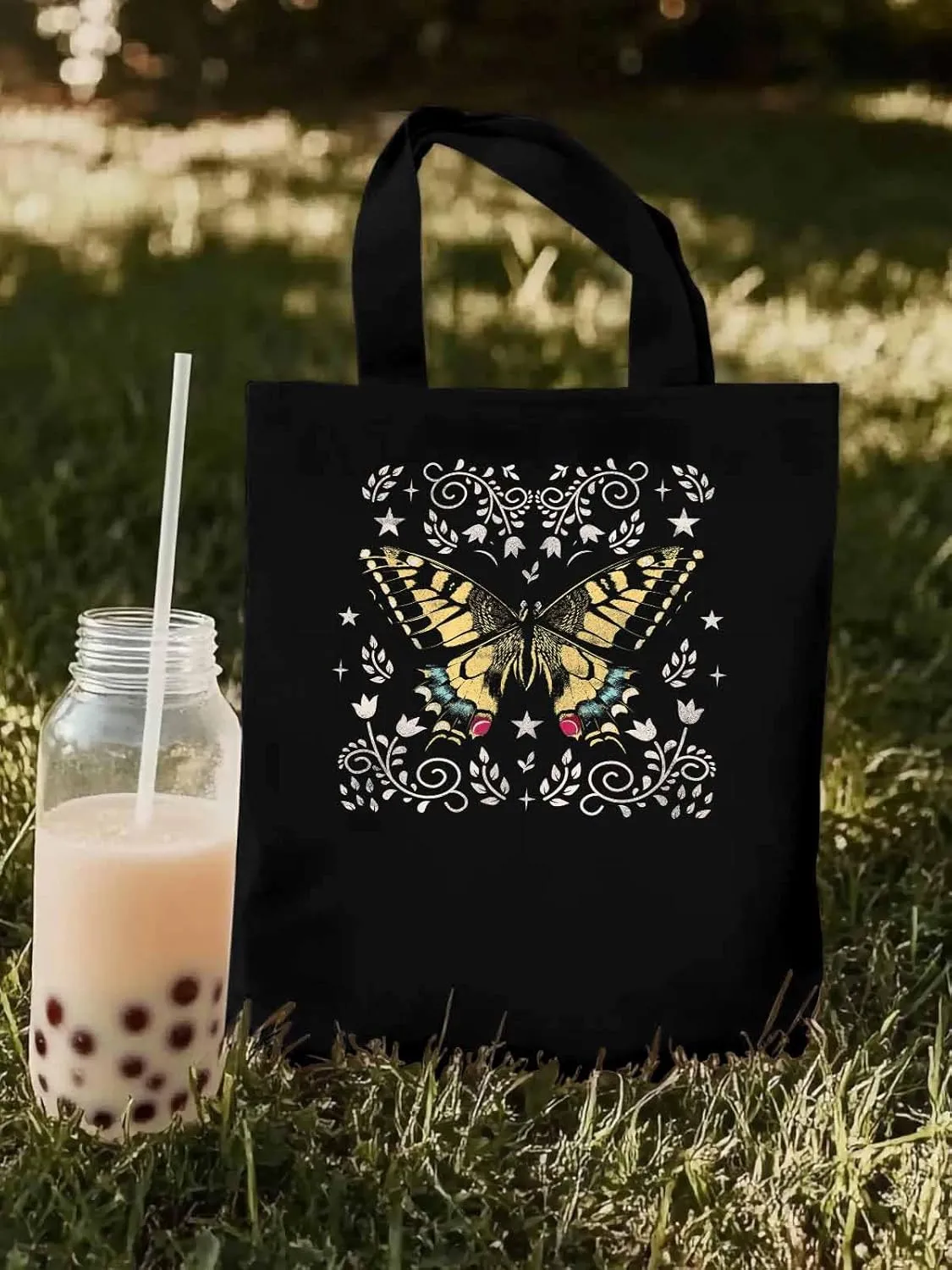 Butterfly Boho Flower Bohemia Floral Canvas Tote Bag, Aesthetic Canvas Tote Handbags for Women Shoulder Bag