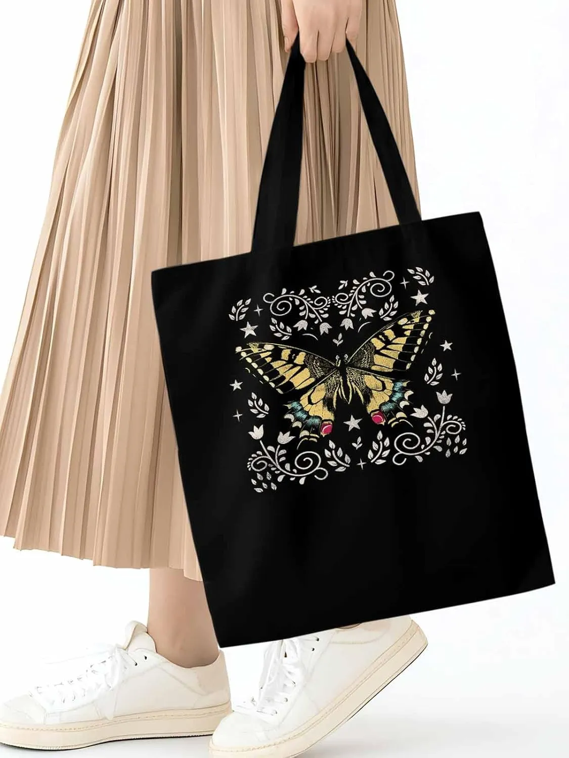 Butterfly Boho Flower Bohemia Floral Canvas Tote Bag, Aesthetic Canvas Tote Handbags for Women Shoulder Bag