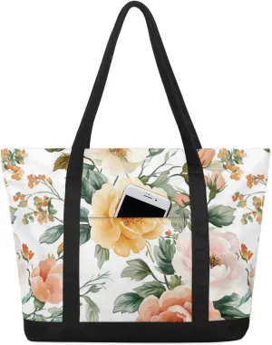 Butterfly Floral Wall Canvas Tote Bag Casual Shoulder Handbag Large Shopping Bags With 5 Pocket Carry On Weekender Backpack for Women Travel Work Gifts Duffle Grocery Compartment