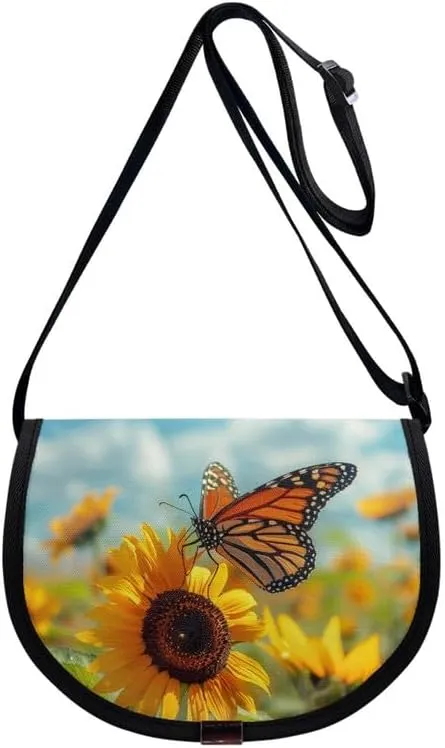Butterfly Sunflower Women Small Crossbody Bag Watercolor Parrot Casual Satchel Bag Flame Red Heart Semi Circle Bags