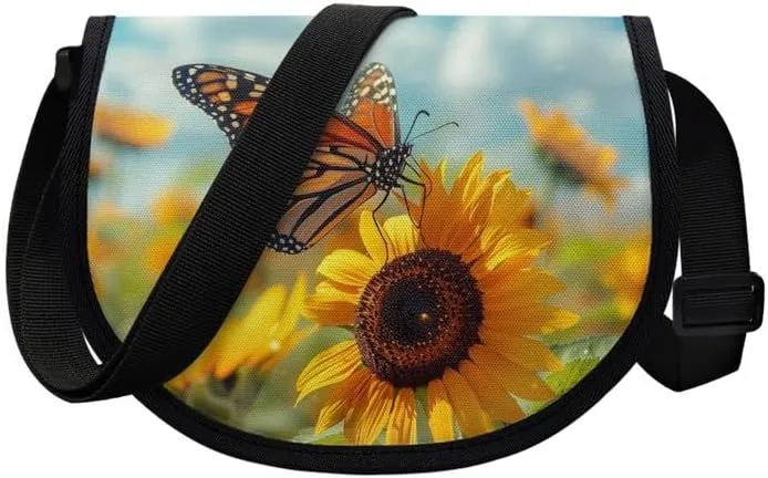 Butterfly Sunflower Women Small Crossbody Bag Watercolor Parrot Casual Satchel Bag Flame Red Heart Semi Circle Bags