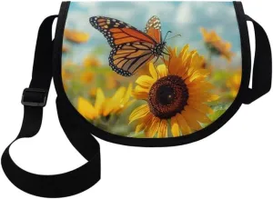 Butterfly Sunflower Women Small Crossbody Bag Watercolor Parrot Casual Satchel Bag Flame Red Heart Semi Circle Bags