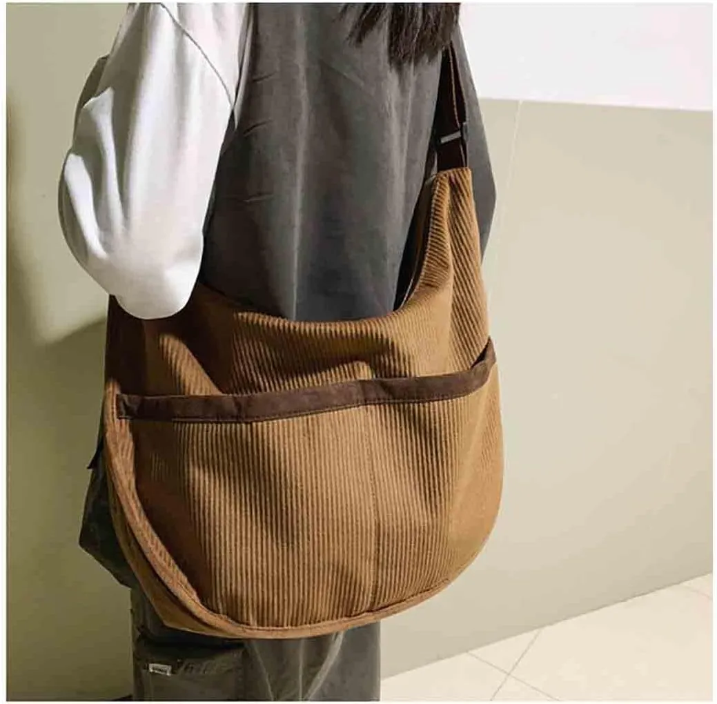 BXCNCKD Large capacity corduroy messenger bag Women's fashion solid color shoulder bag Women's retro messenger bag (brown)