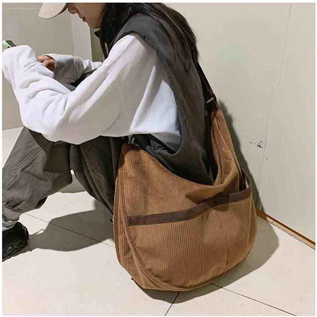 BXCNCKD Large capacity corduroy messenger bag Women's fashion solid color shoulder bag Women's retro messenger bag (brown)
