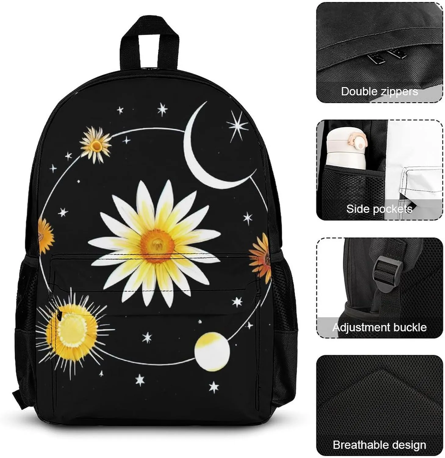 Camping Work Bicycle Backpack Sets Daypack 3 Pcs Multipurpose Anti-Theft Rucksacks Big Capacity Shoulder Bag, Interstellar Orbit Sun Flower Art