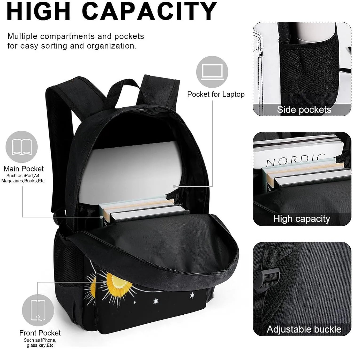 Camping Work Bicycle Backpack Sets Daypack 3 Pcs Multipurpose Anti-Theft Rucksacks Big Capacity Shoulder Bag, Interstellar Orbit Sun Flower Art