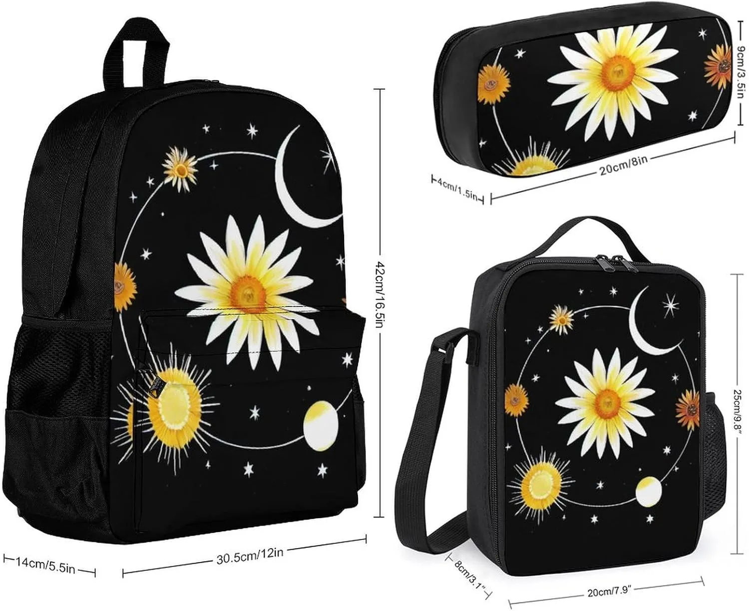 Camping Work Bicycle Backpack Sets Daypack 3 Pcs Multipurpose Anti-Theft Rucksacks Big Capacity Shoulder Bag, Interstellar Orbit Sun Flower Art