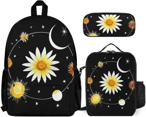 Camping Work Bicycle Backpack Sets Daypack 3 Pcs Multipurpose Anti-Theft Rucksacks Big Capacity Shoulder Bag, Interstellar Orbit Sun Flower Art