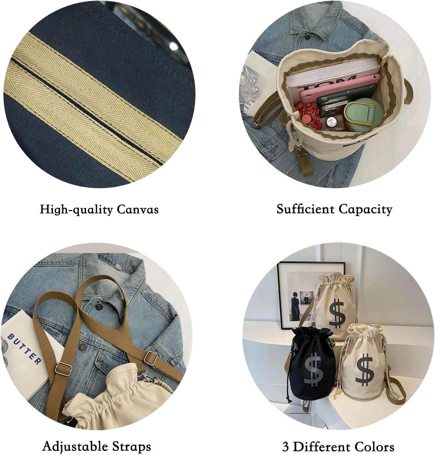 Canvas Drawstring Backpack with Coin pouch, Large Money Dollar Sign Bucket Rucksack, Lightweight Sport Bags (Light Khaki)