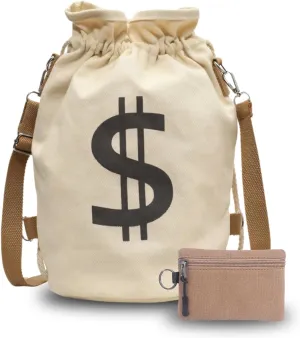 Canvas Drawstring Backpack with Coin pouch, Large Money Dollar Sign Bucket Rucksack, Lightweight Sport Bags (Light Khaki)