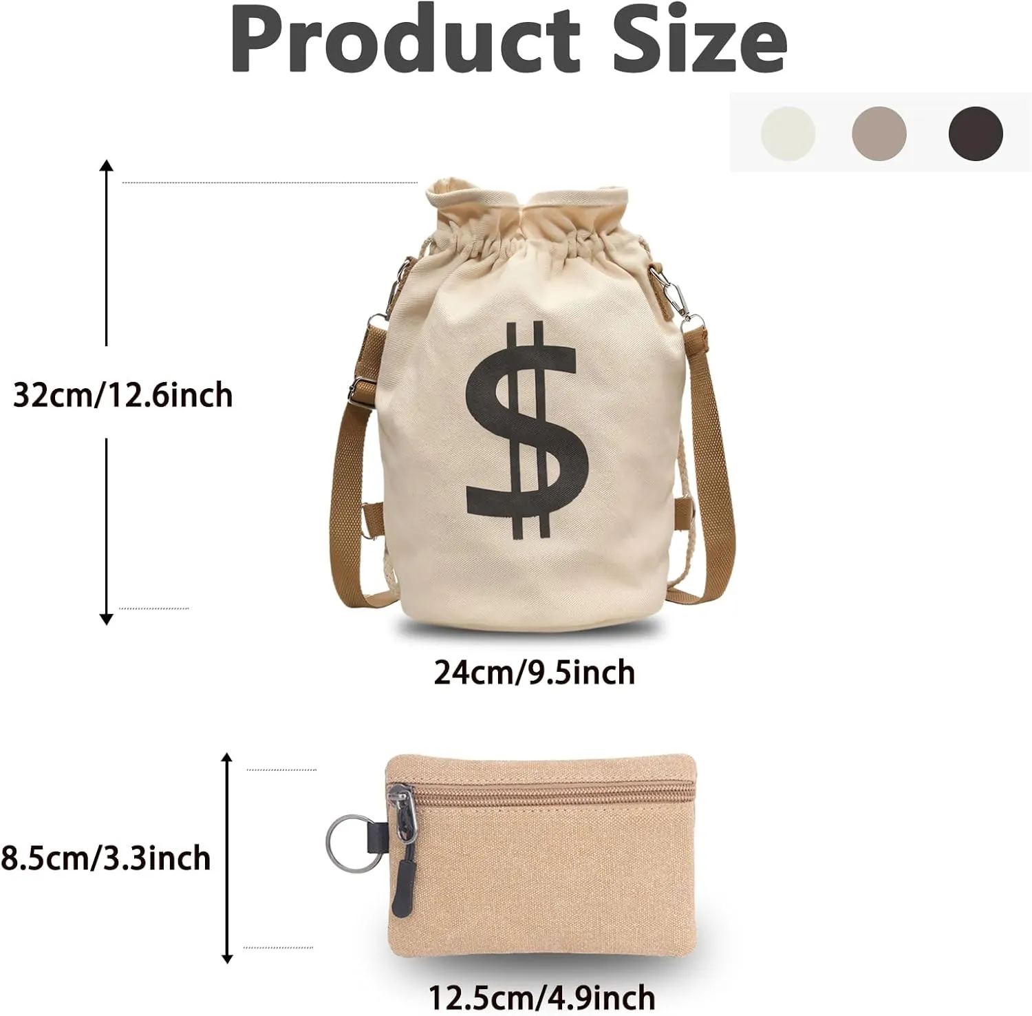 Canvas Drawstring Backpack with Coin pouch, Large Money Dollar Sign Bucket Rucksack, Lightweight Sport Bags (Light Khaki)
