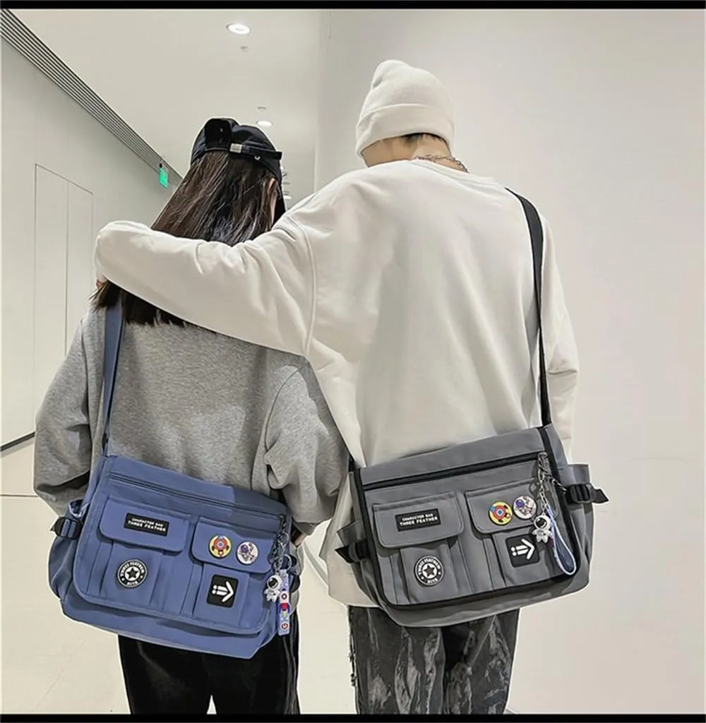 Canvas Hobo Crossbody Bag Vintage Multi Pocket Messenger Bag Aesthetic Shoulder Laptop Handbag with Cute Pins Daily