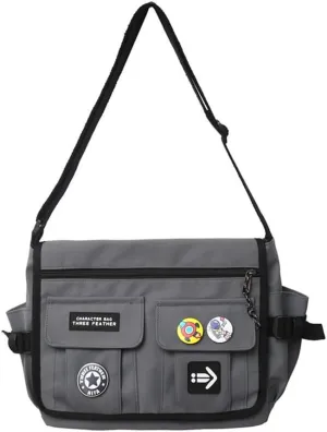 Canvas Hobo Crossbody Bag Vintage Multi Pocket Messenger Bag Aesthetic Shoulder Laptop Handbag with Cute Pins Daily