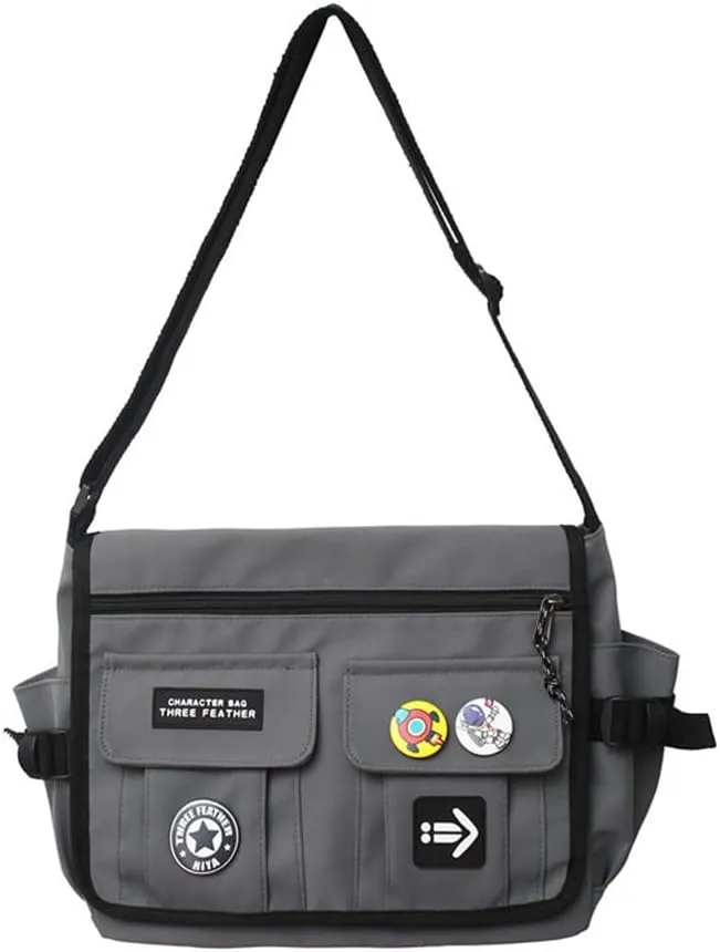 Canvas Hobo Crossbody Bag Vintage Multi Pocket Messenger Bag Aesthetic Shoulder Laptop Handbag with Cute Pins Daily