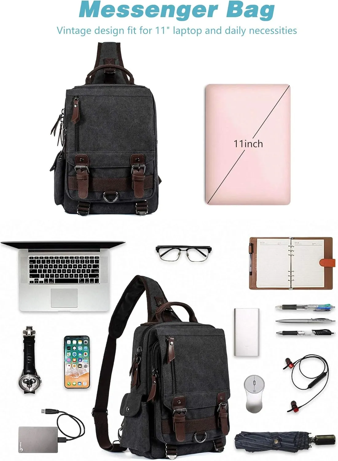 Canvas Messenger Bag Crossbody Shoulder Backpack Sling Bag Rucksack Daypack Casual Travel
