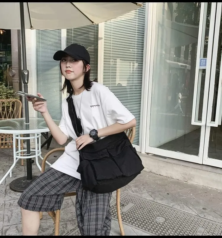 Canvas Messenger Bag Large Crossbody Bag with Multiple Pockets Canvas Shoulder Tote Bag for Women and Men