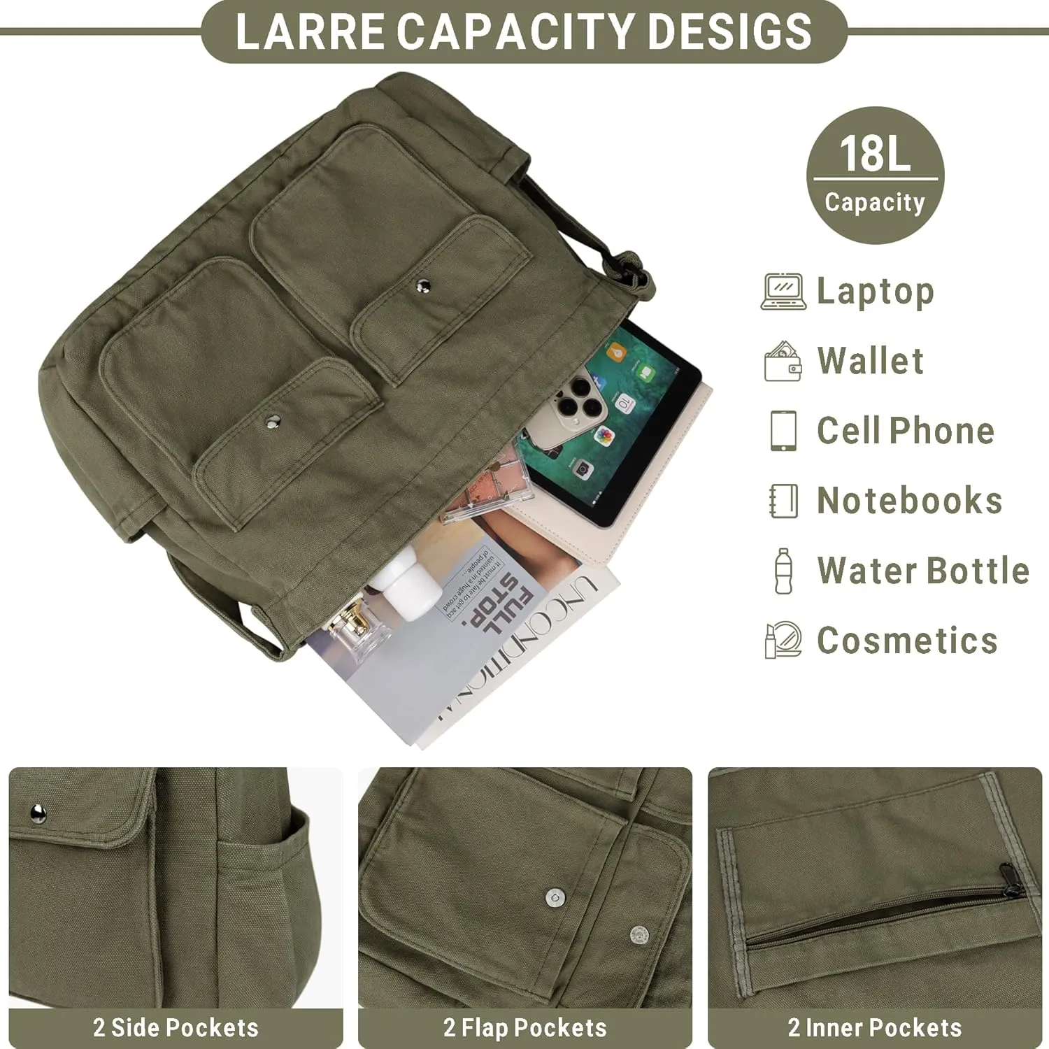 Canvas Messenger Bag Large Hobo Crossbody Bag for Women and Men Canvas Shoulder Tote Bag with Multiple Pockets for Work