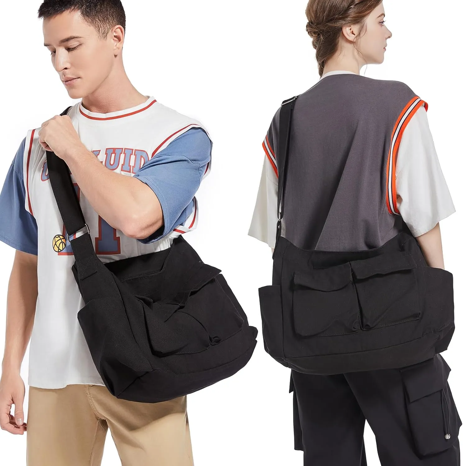 Canvas Messenger Bag, Multi-pockets Casual Canvas Tote for College Large Crossbody Shoulder Bag for Women and Men