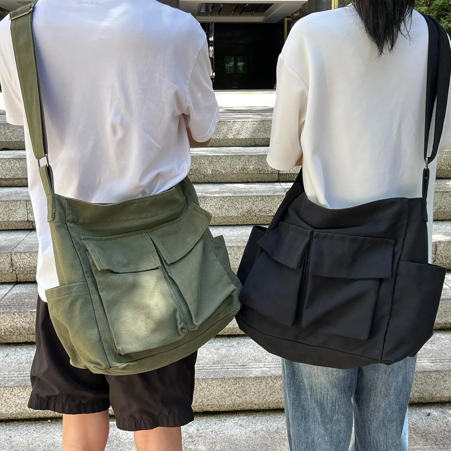 Canvas Messenger Bag, Multi-pockets Casual Canvas Tote for College Large Crossbody Shoulder Bag for Women and Men