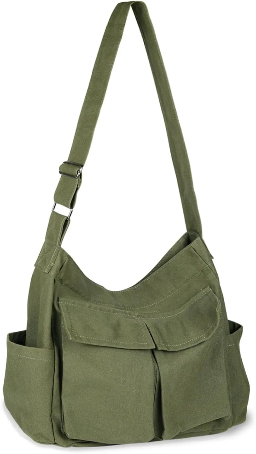 Canvas Messenger Bag, Multi-pockets Casual Canvas Tote for College Large Crossbody Shoulder Bag for Women and Men