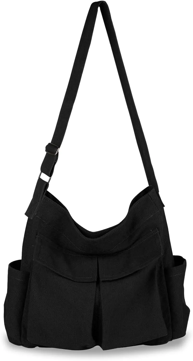 Canvas Messenger Bag, Multi-pockets Casual Canvas Tote for College Large Crossbody Shoulder Bag for Women and Men