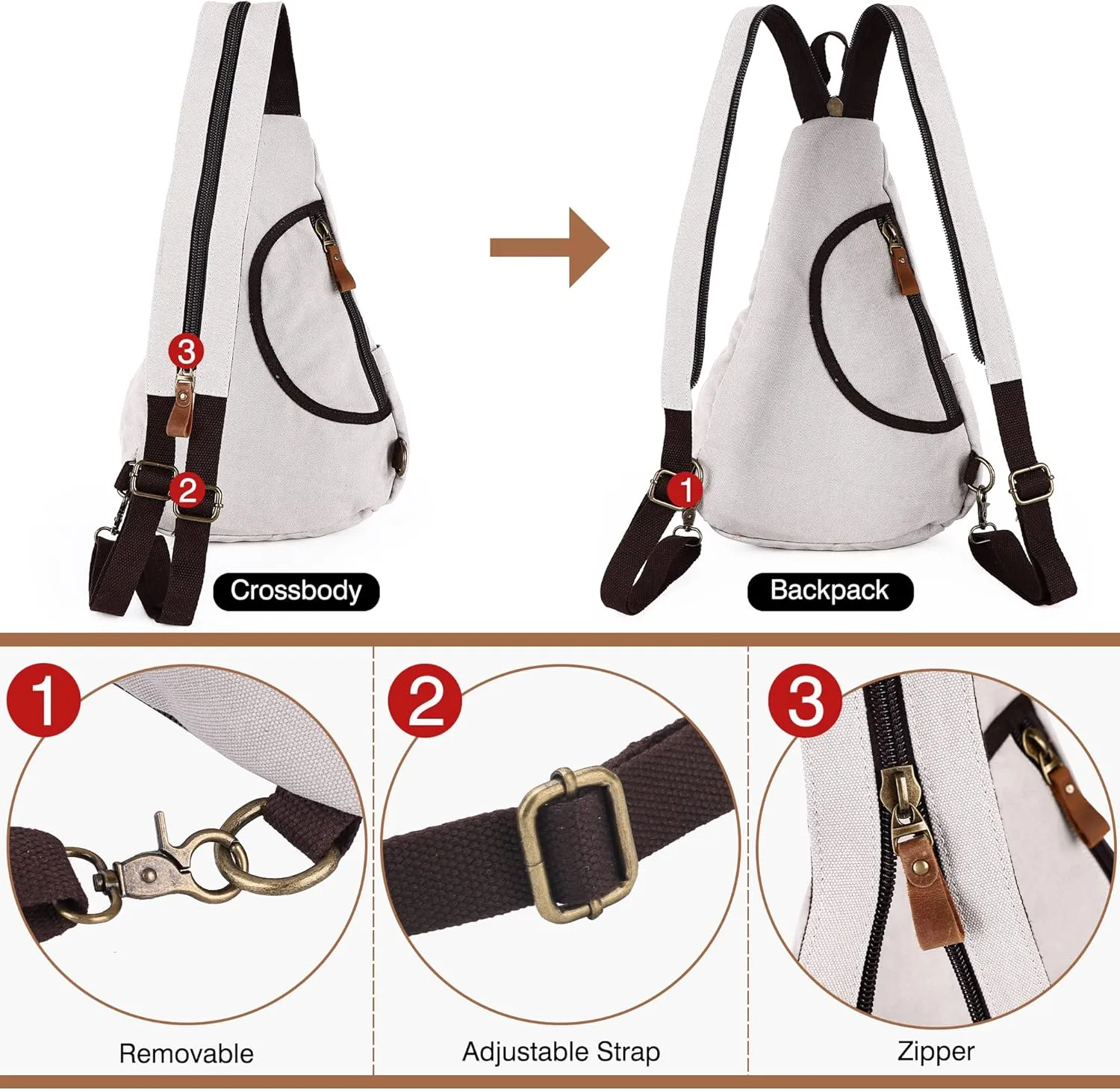 Canvas Sling Bag for Women Sling Backpack Crossbody Shoulder Bags Convertible Purse Casual Daypack Travel Hiking Cycling