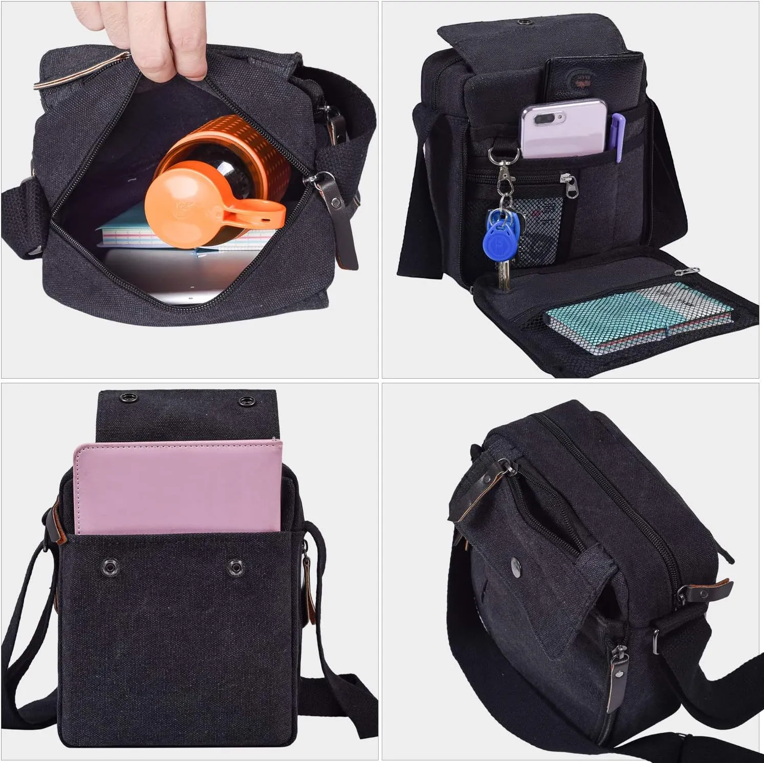 Canvas Small Messenger for Men Women, Mini Crossbody Shoulder Chest Travel Bag, Multi-pocket Purse