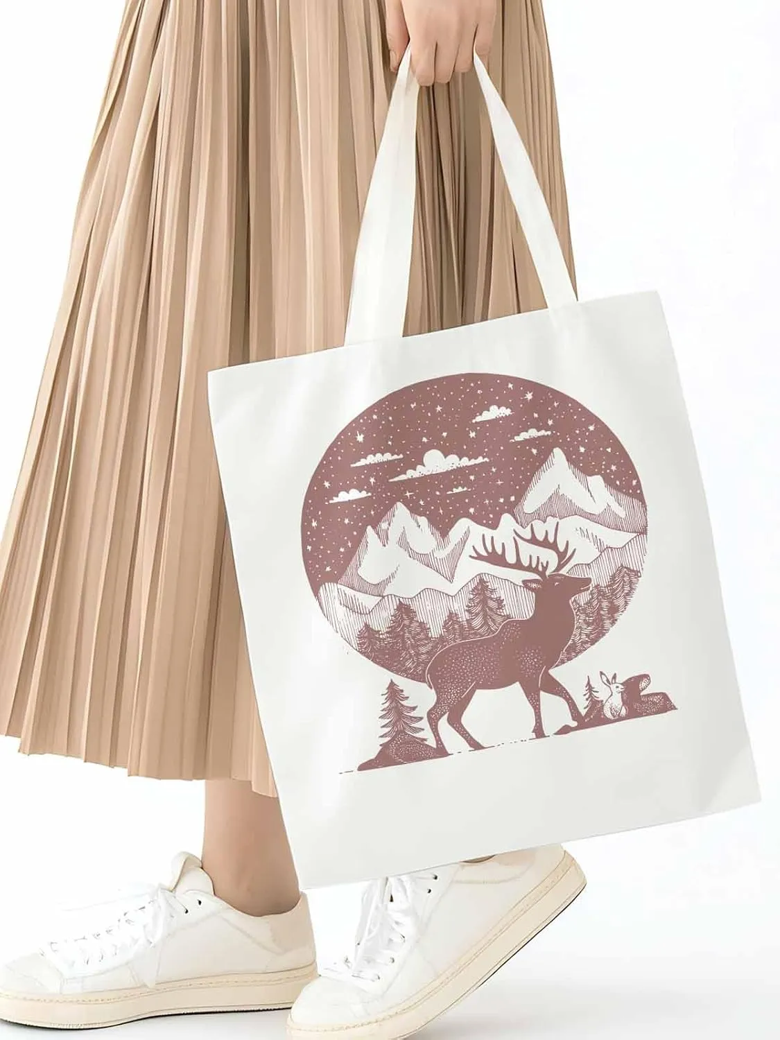 Canvas Tote Bag, Abstract Elk Forests Silhouettes patterned Canvas Tote Handbags for Women Shoulder Bag,