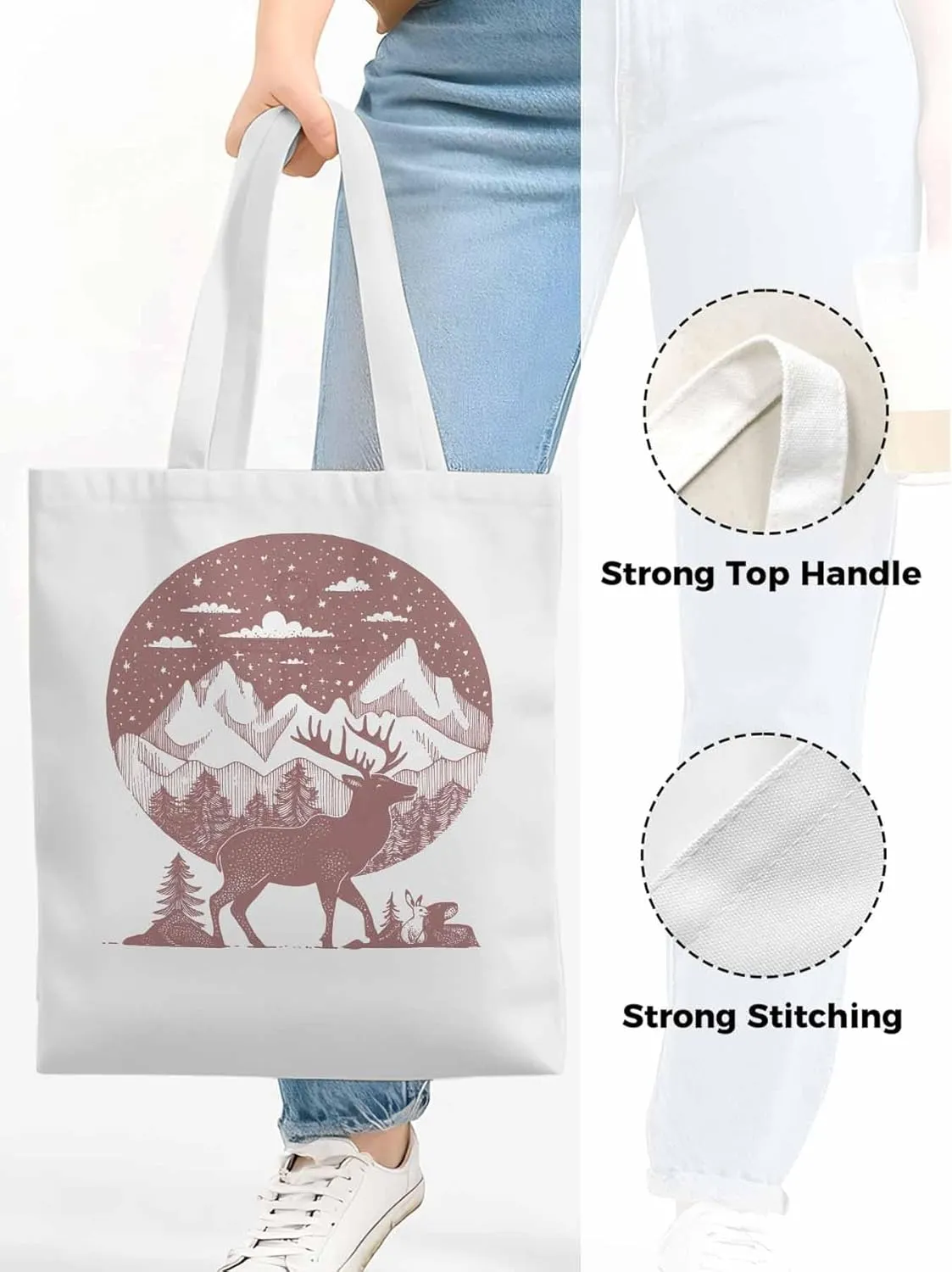 Canvas Tote Bag, Abstract Elk Forests Silhouettes patterned Canvas Tote Handbags for Women Shoulder Bag,