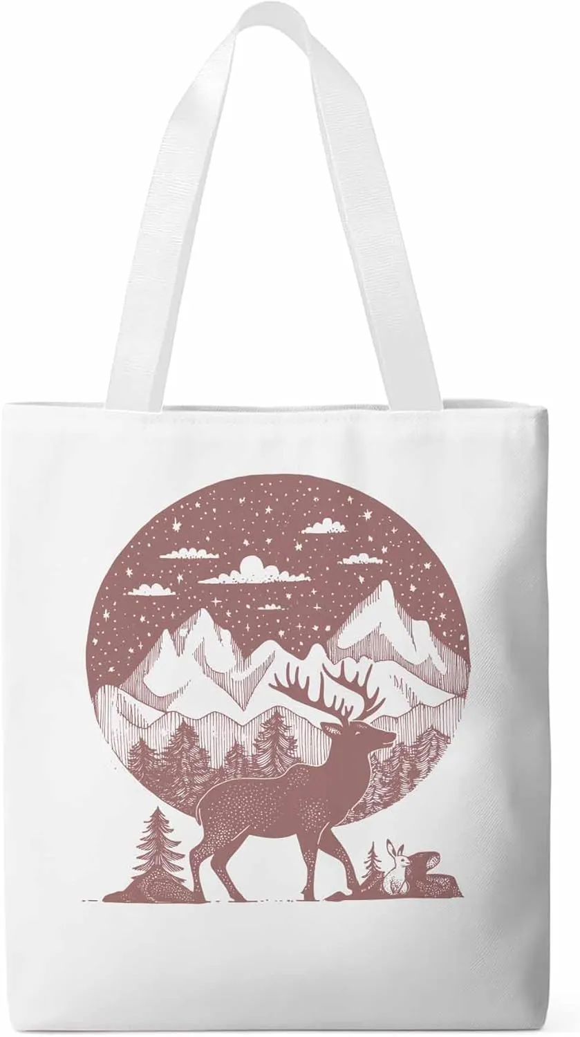 Canvas Tote Bag, Abstract Elk Forests Silhouettes patterned Canvas Tote Handbags for Women Shoulder Bag,