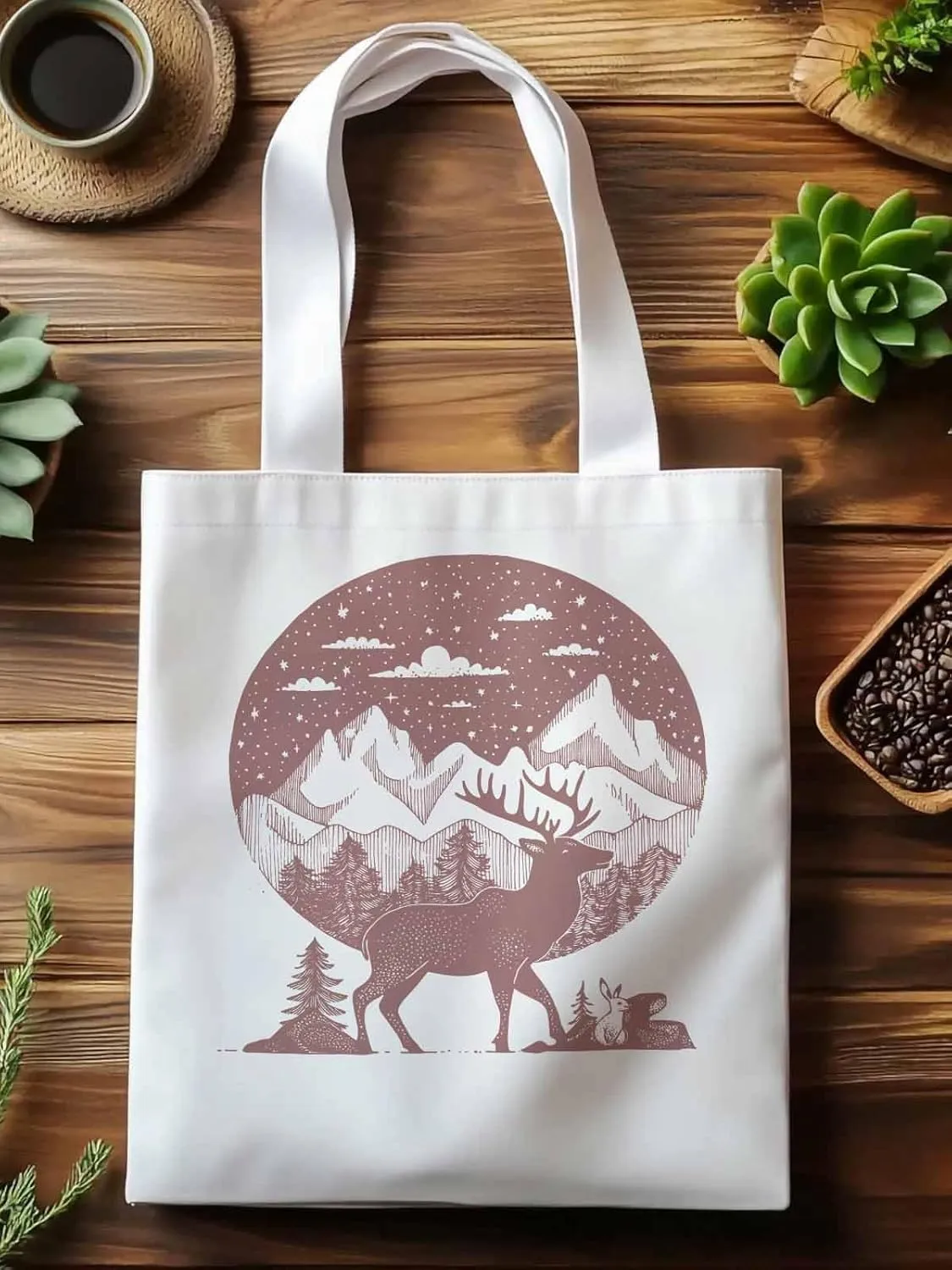 Canvas Tote Bag, Abstract Elk Forests Silhouettes patterned Canvas Tote Handbags for Women Shoulder Bag,