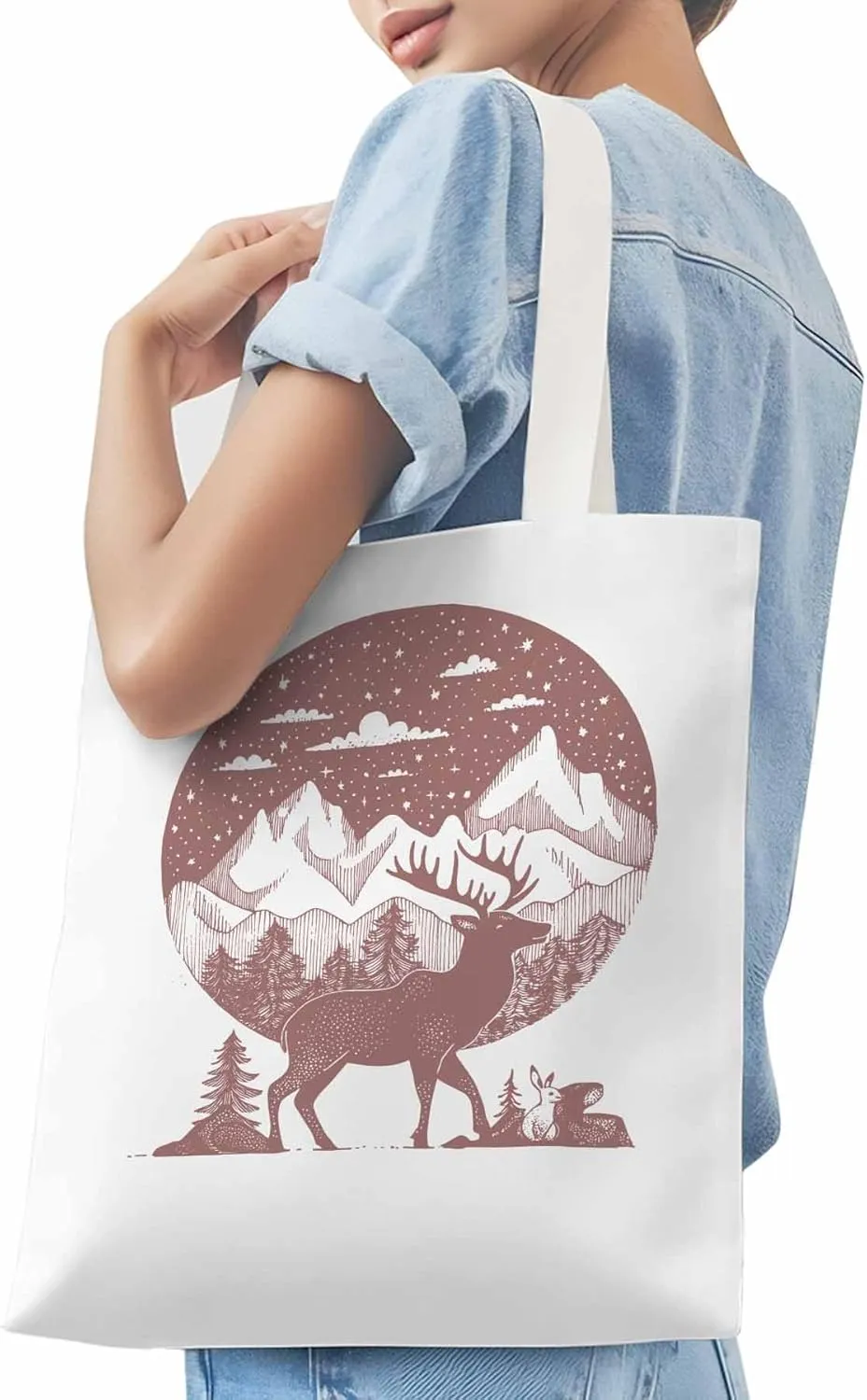 Canvas Tote Bag, Abstract Elk Forests Silhouettes patterned Canvas Tote Handbags for Women Shoulder Bag,