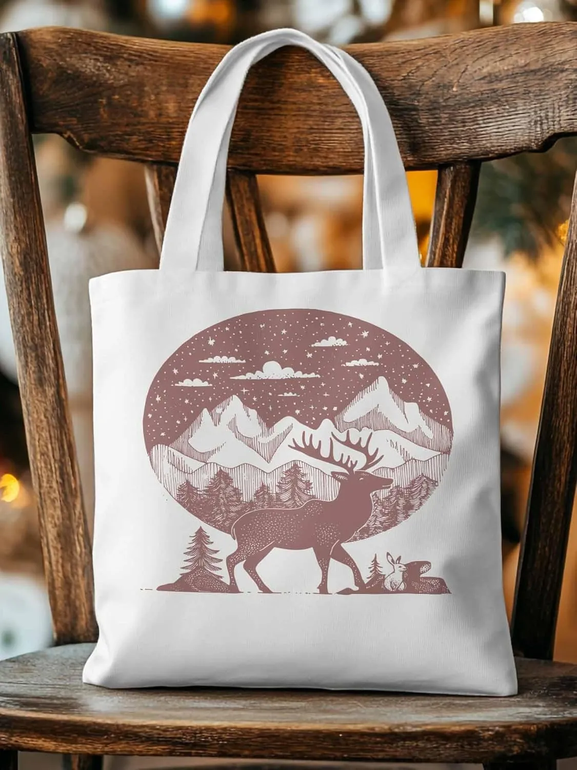 Canvas Tote Bag, Abstract Elk Forests Silhouettes patterned Canvas Tote Handbags for Women Shoulder Bag,