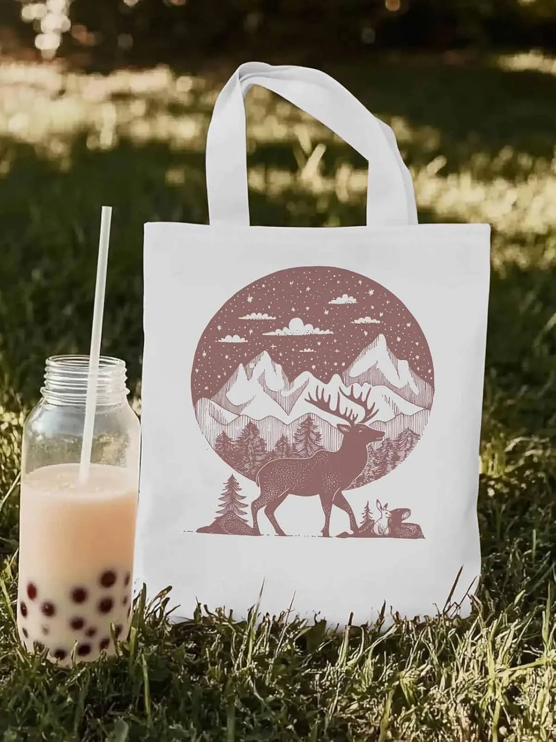 Canvas Tote Bag, Abstract Elk Forests Silhouettes patterned Canvas Tote Handbags for Women Shoulder Bag,