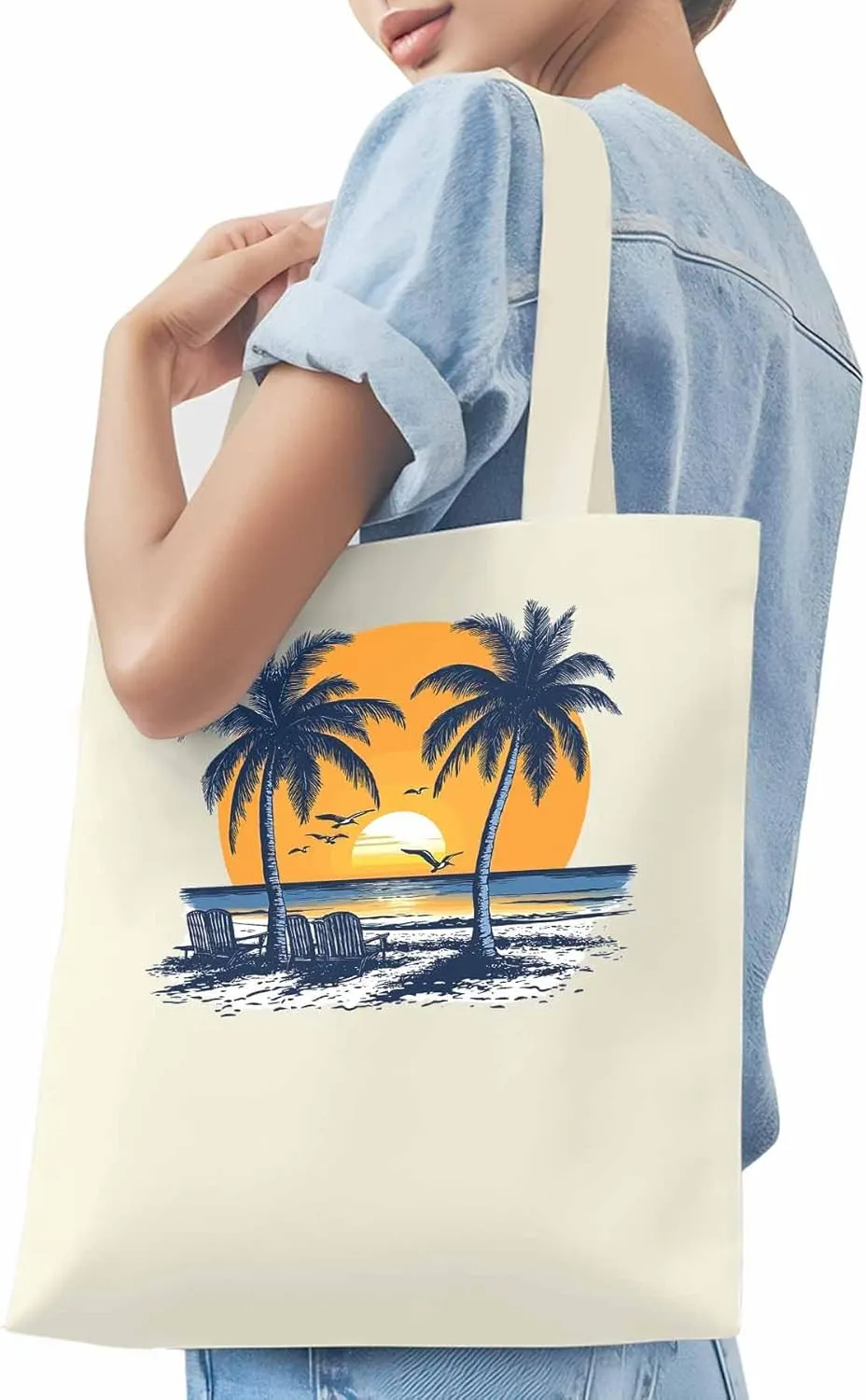 Canvas Tote Bag, Beach Sunset Coconut Tree Flying Birds patterned Canvas Tote Handbags for Women Shoulder Bag,