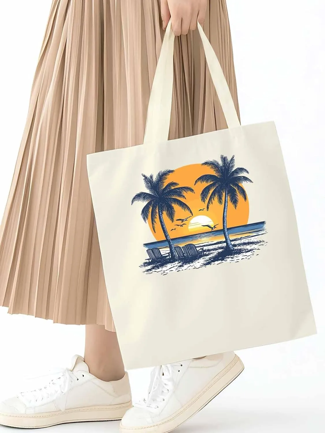 Canvas Tote Bag, Beach Sunset Coconut Tree Flying Birds patterned Canvas Tote Handbags for Women Shoulder Bag,