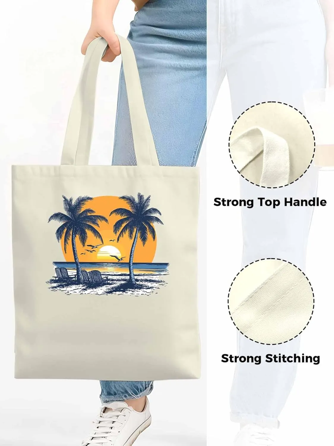 Canvas Tote Bag, Beach Sunset Coconut Tree Flying Birds patterned Canvas Tote Handbags for Women Shoulder Bag,