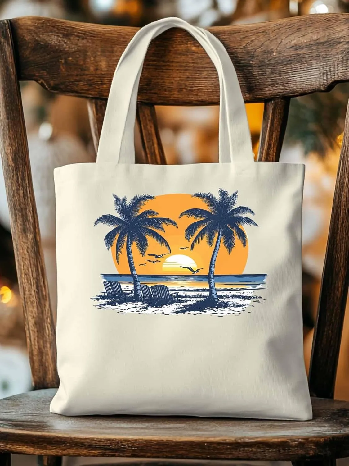 Canvas Tote Bag, Beach Sunset Coconut Tree Flying Birds patterned Canvas Tote Handbags for Women Shoulder Bag,