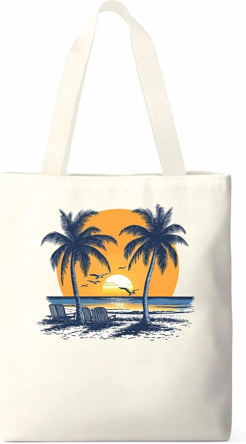 Canvas Tote Bag, Beach Sunset Coconut Tree Flying Birds patterned Canvas Tote Handbags for Women Shoulder Bag,