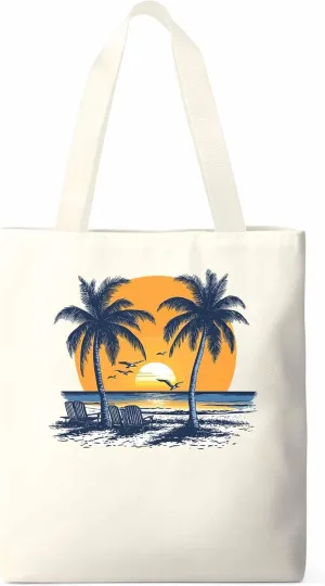 Canvas Tote Bag, Beach Sunset Coconut Tree Flying Birds patterned Canvas Tote Handbags for Women Shoulder Bag,