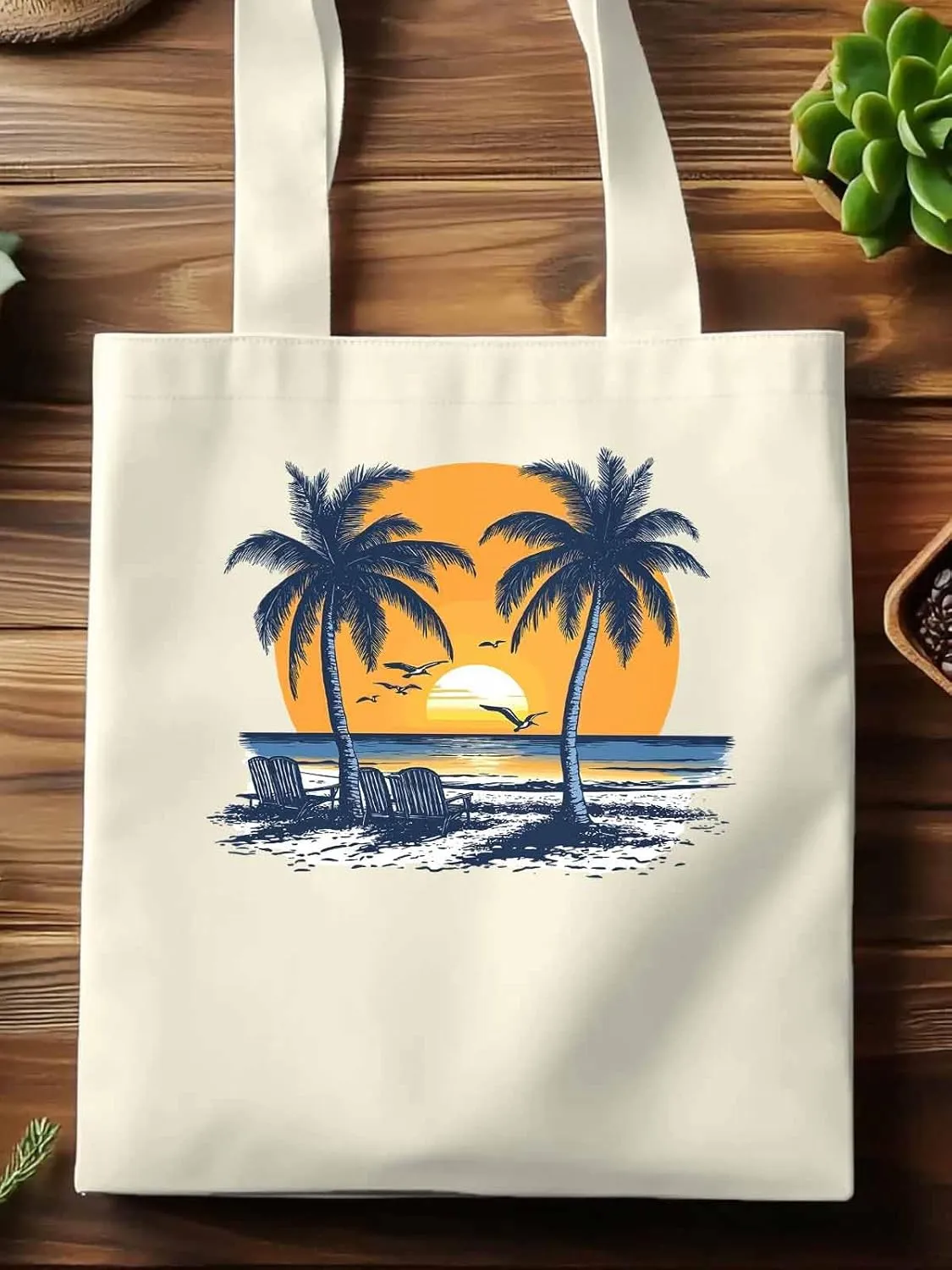 Canvas Tote Bag, Beach Sunset Coconut Tree Flying Birds patterned Canvas Tote Handbags for Women Shoulder Bag,